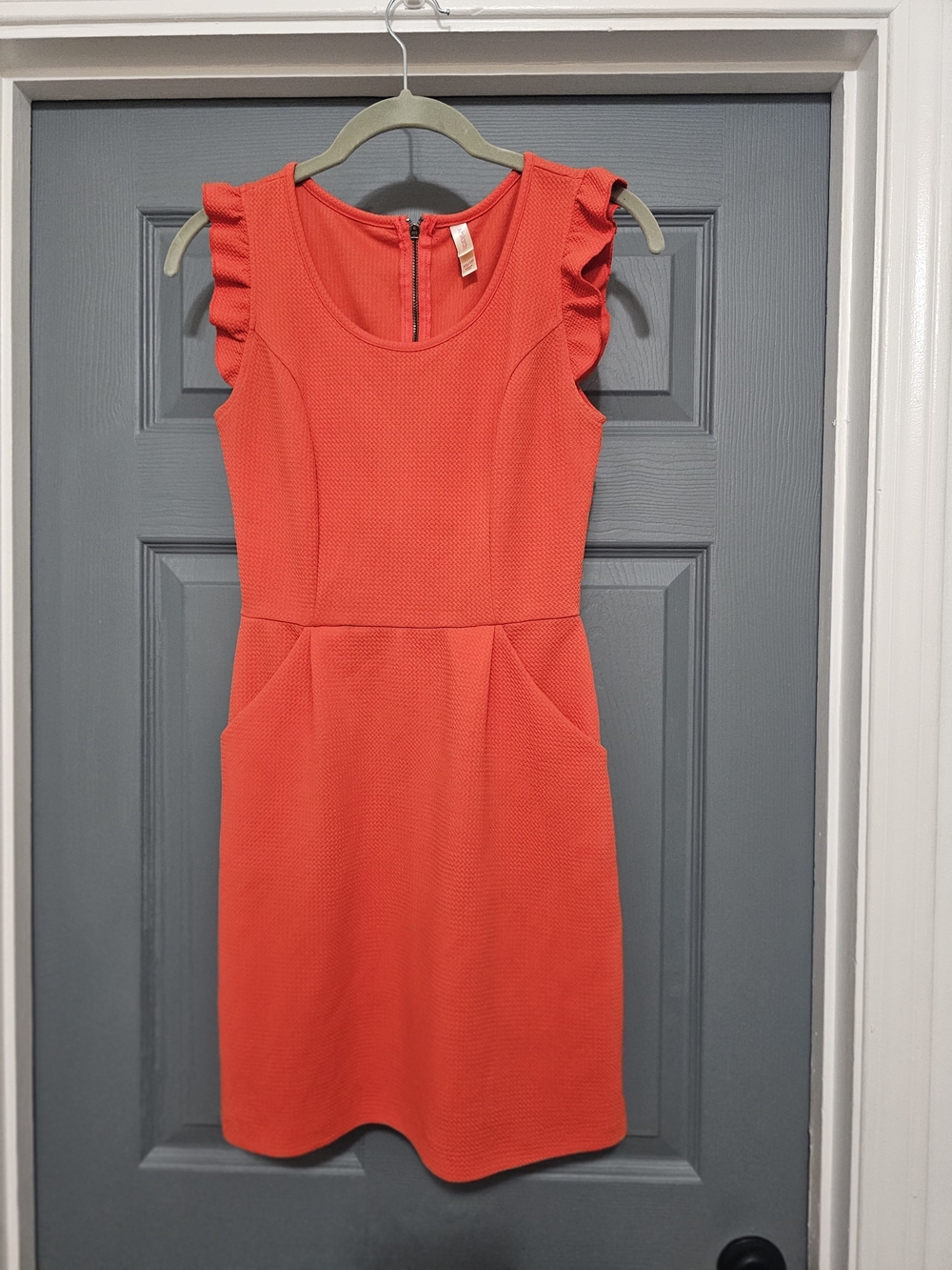 Xhilaration Coral Orange Ruffle-Shoulder Ponte Dress